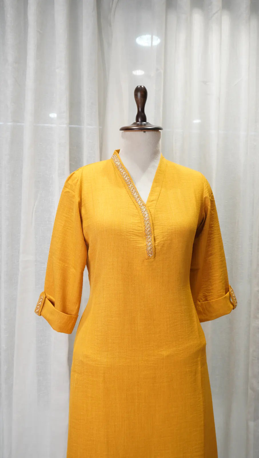 Sunshine Yellow Linen Kurta Set with Neck Work