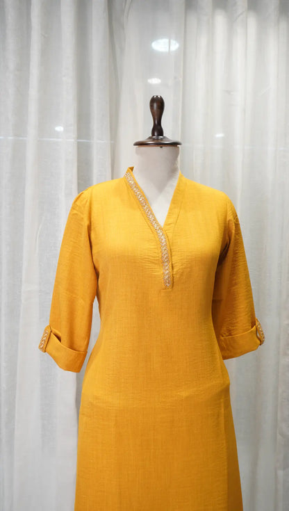 Sunshine Yellow Linen Kurta Set with Neck Work