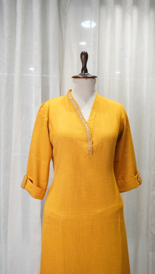 Sunshine Yellow Linen Kurta Set with Neck Work