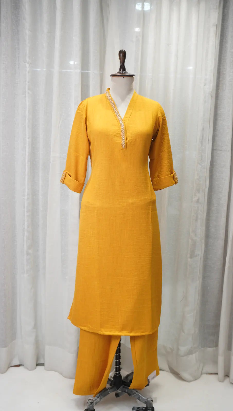 Sunshine Yellow Linen Kurta Set with Neck Work
