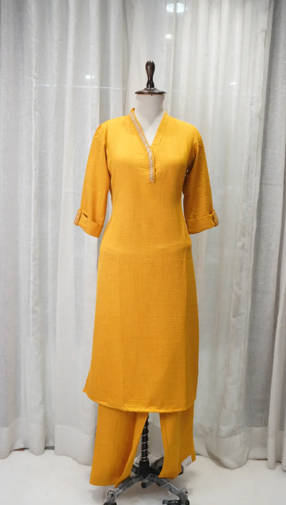 Sunshine Yellow Linen Kurta Set with Neck Work