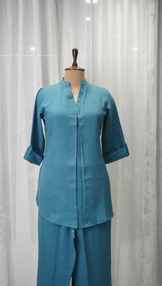 Elegant Teal Linen Corset Kurta Set with Neck Work