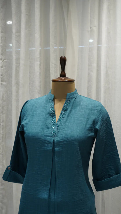 Elegant Teal Linen Corset Kurta Set with Neck Work