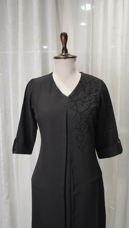 Classic Black Linen Kurta Set with Neck Work