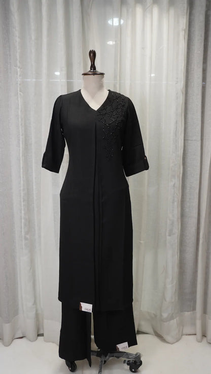 Classic Black Linen Kurta Set with Neck Work
