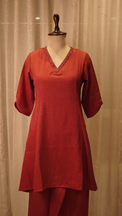 Rose Pink Linen A-Line Kurta Set with Neck Work