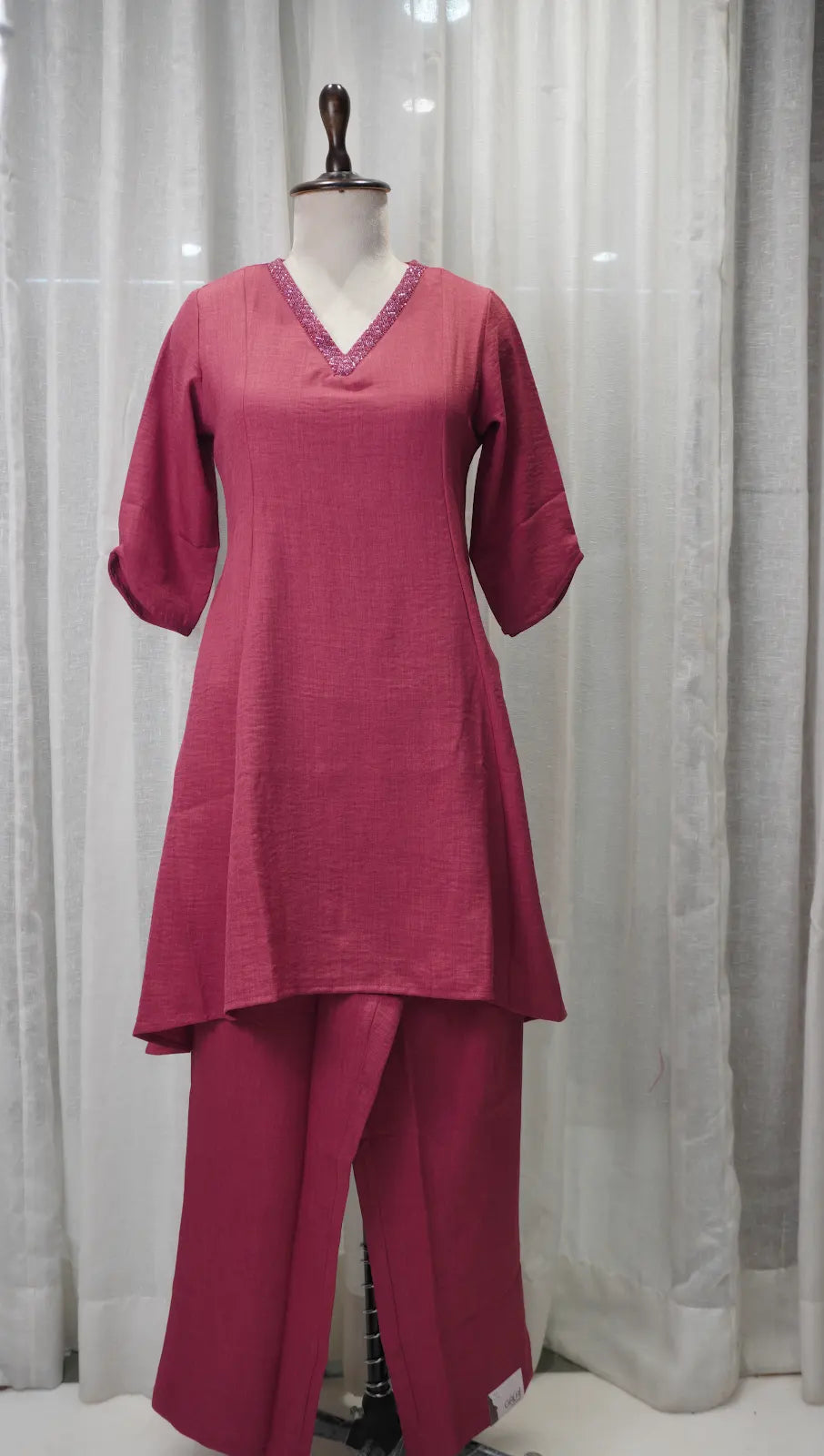 Rose Pink Linen A-Line Kurta Set with Neck Work