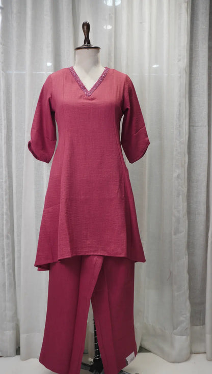 Rose Pink Linen A-Line Kurta Set with Neck Work
