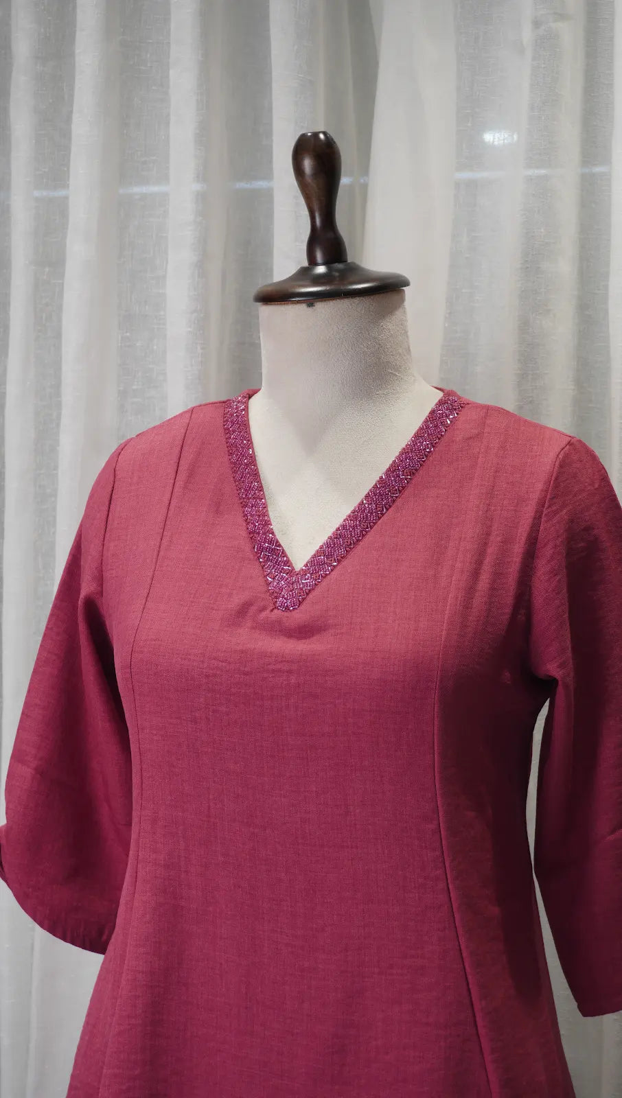 Rose Pink Linen A-Line Kurta Set with Neck Work