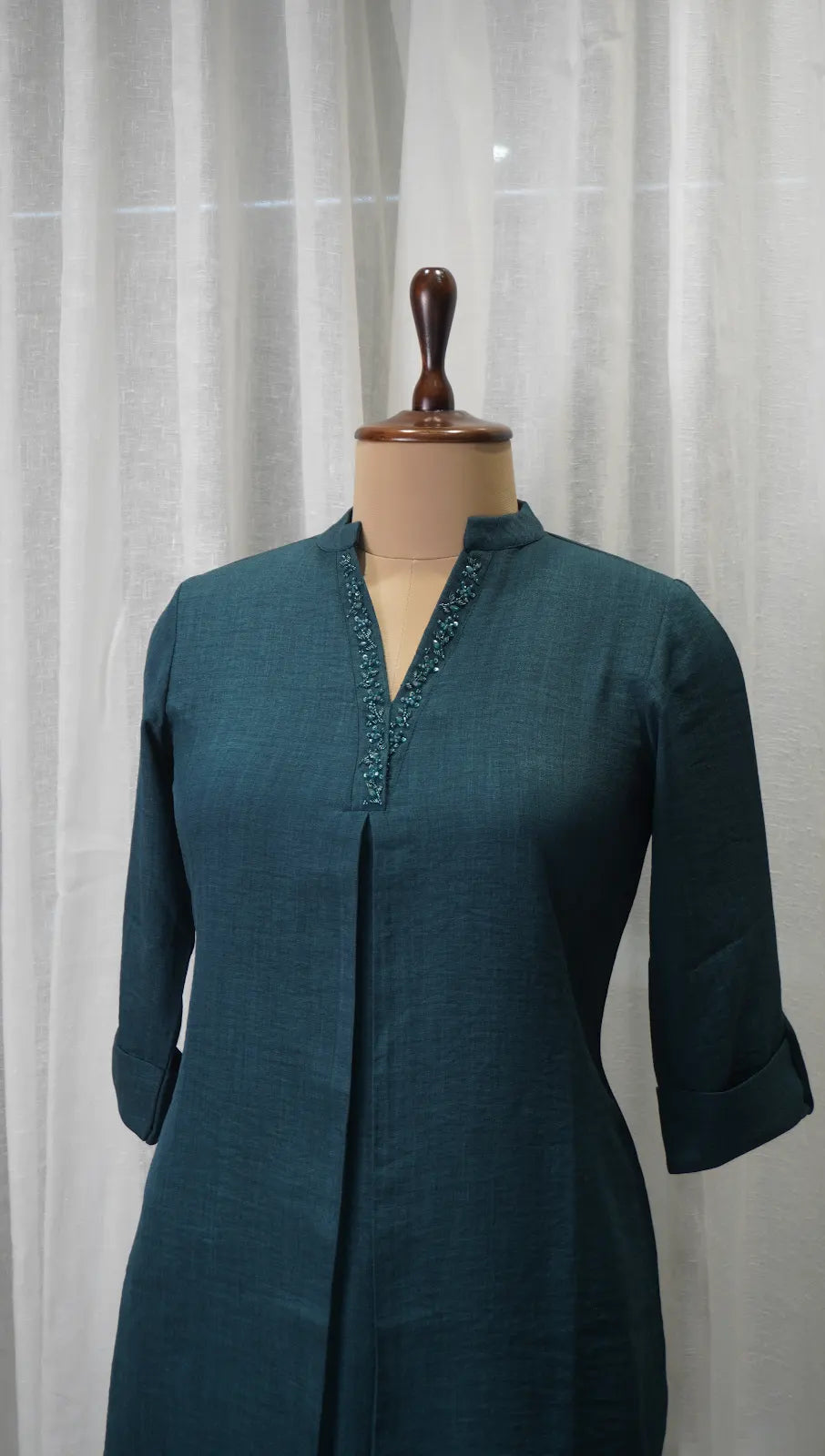 Teal Linen Corset Kurta Set with Neck Work