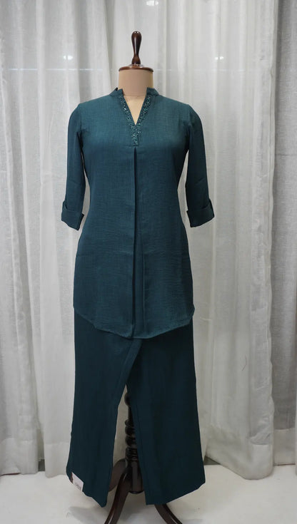 Teal Linen Corset Kurta Set with Neck Work