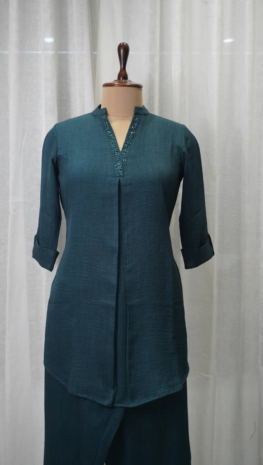 Teal Linen Corset Kurta Set with Neck Work