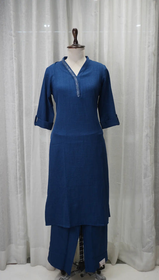 Classic Indigo Linen Kurta Set with Neck Work
