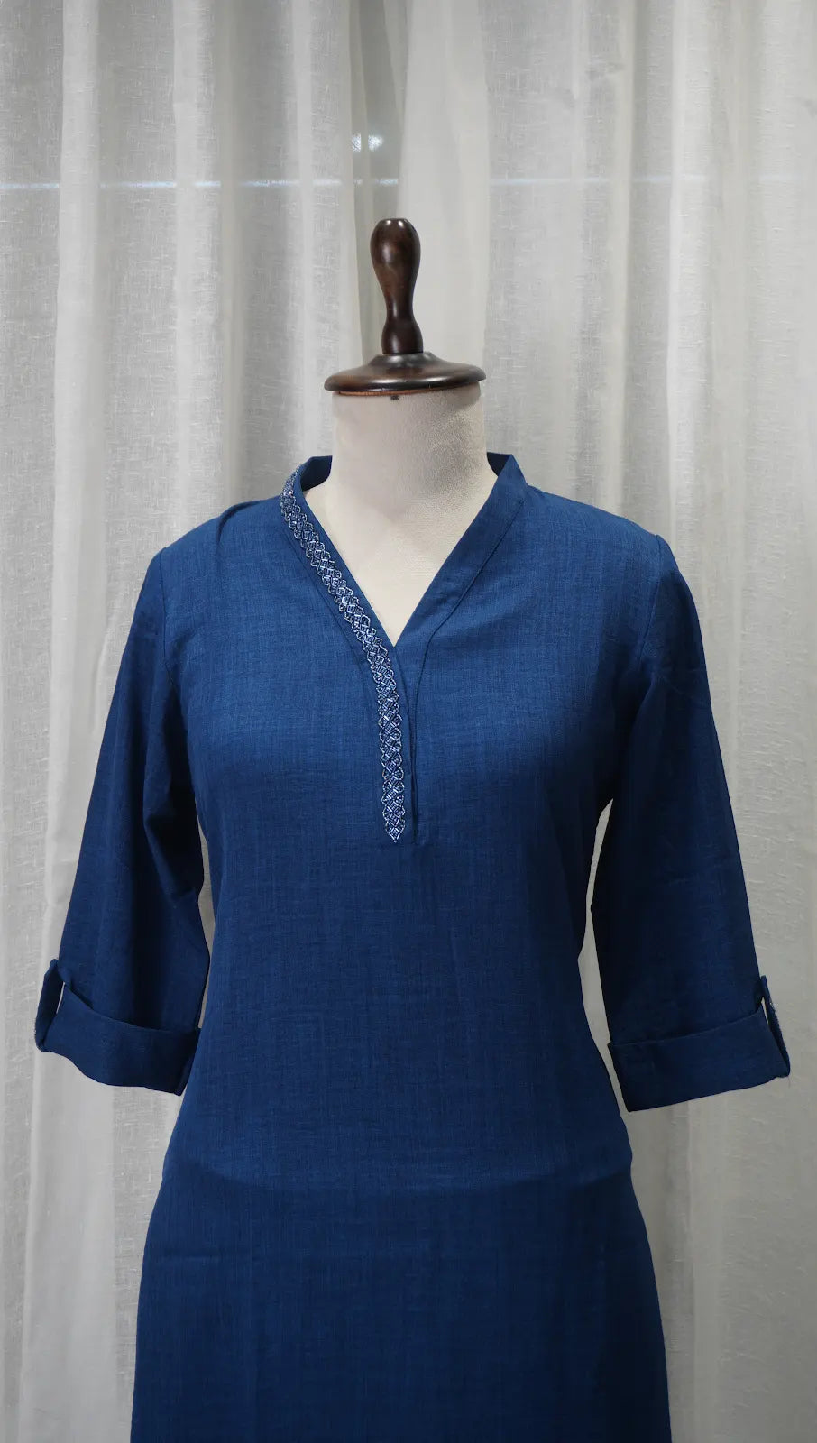 Classic Indigo Linen Kurta Set with Neck Work