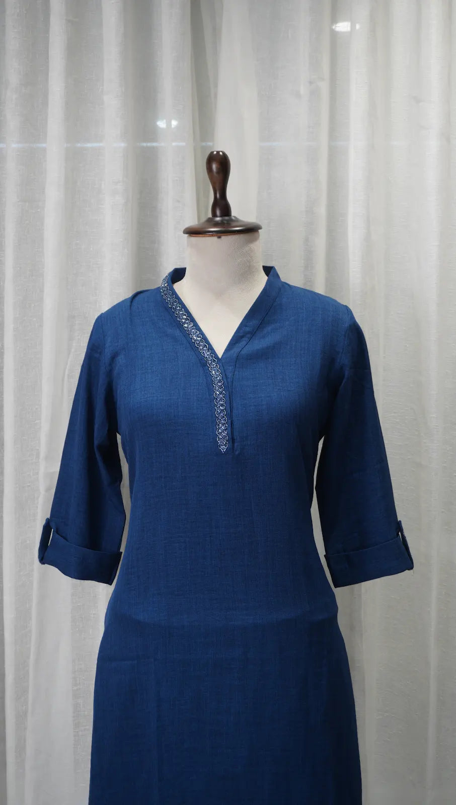 Classic Indigo Linen Kurta Set with Neck Work