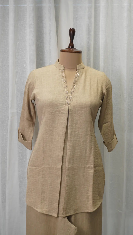 Classic Beige Linen Corset Kurta Set with Neck Work