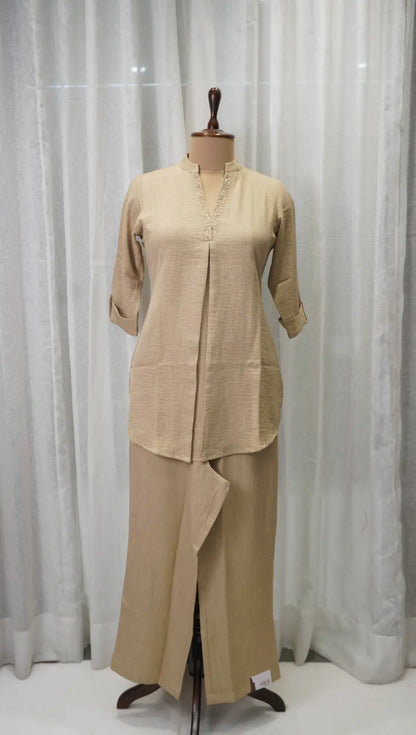 Classic Beige Linen Corset Kurta Set with Neck Work
