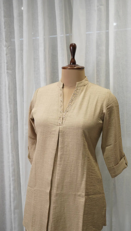 Classic Beige Linen Corset Kurta Set with Neck Work