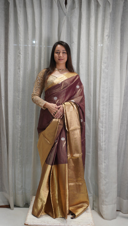 Royal Wine Tissue Silk Saree with Heavy Zari Border & Tassels