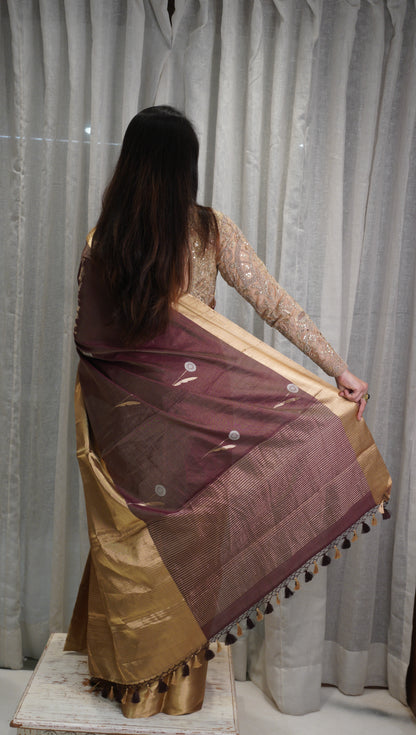 Royal Wine Tissue Silk Saree with Heavy Zari Border & Tassels