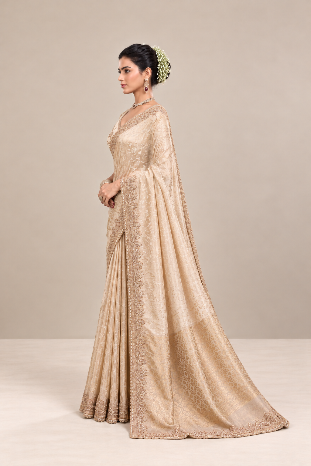 Champagne Beige Floral Woven Silk Saree with Embellished Zari Border