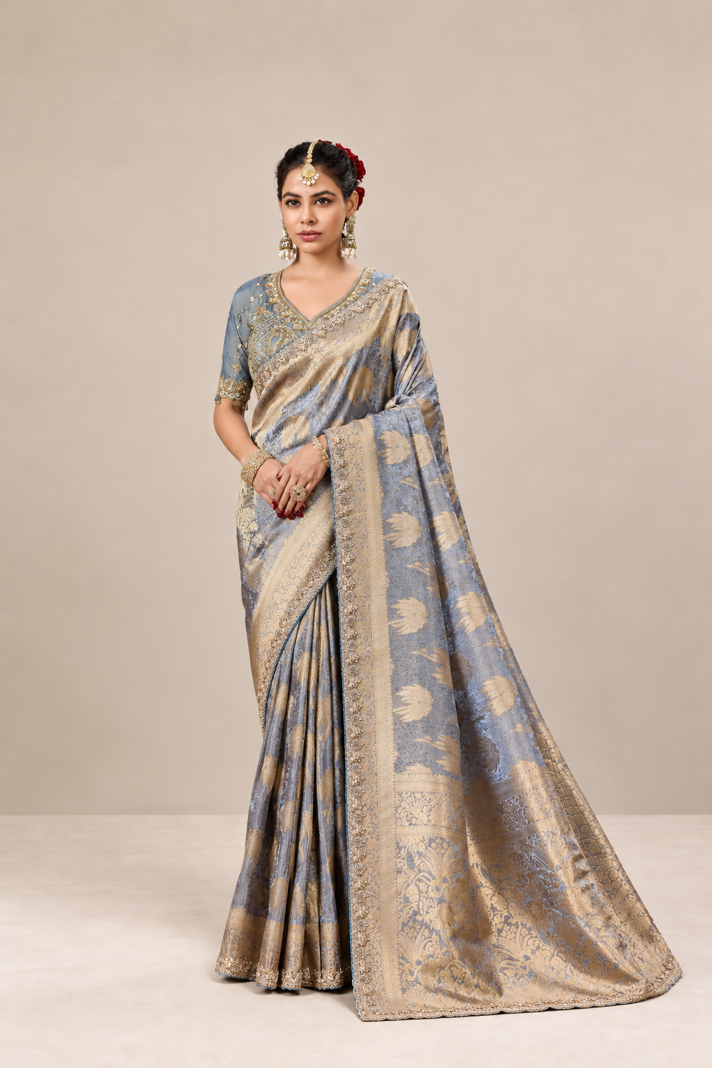 Powder Blue Silk Saree with Golden Floral Weaves & Embellished Border
