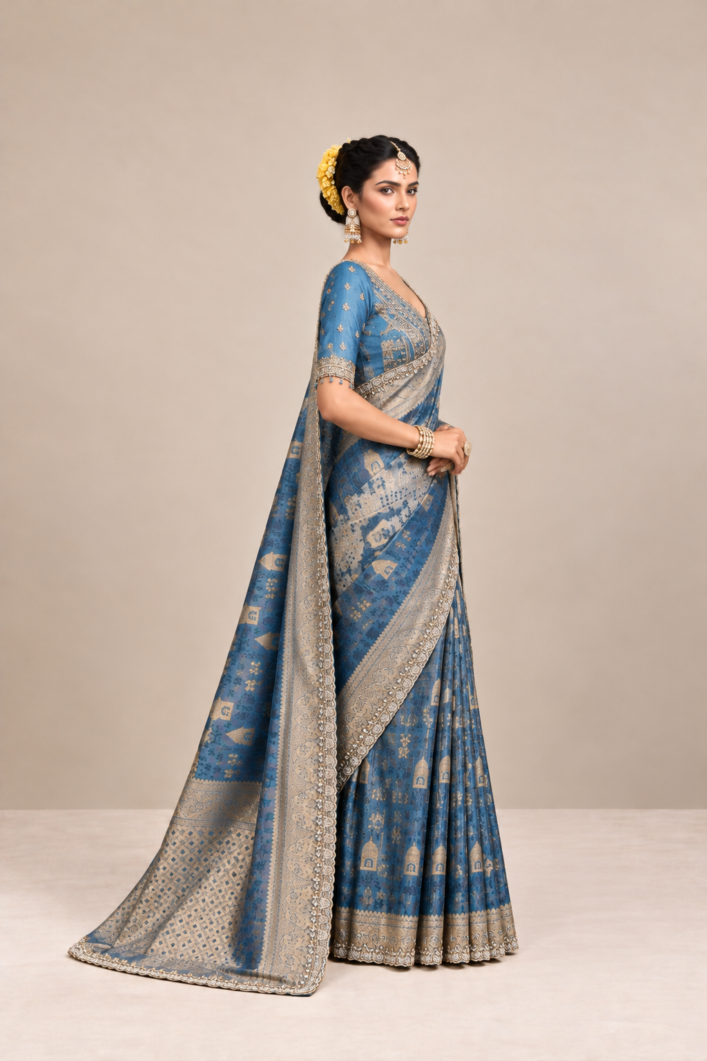 Royal Blue and Gold Woven Silk Saree with Intricate Zari Border