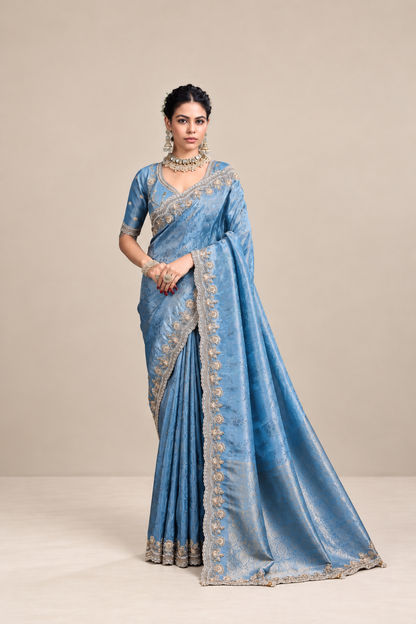 Sky Blue Floral Woven Silk Saree with Embellished Zari Border