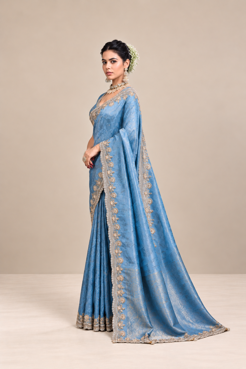 Sky Blue Floral Woven Silk Saree with Embellished Zari Border