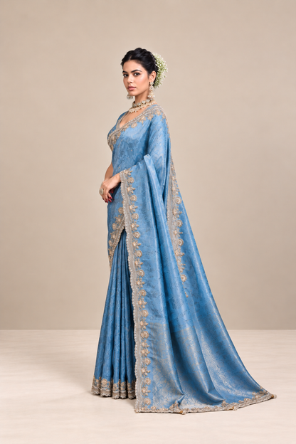 Sky Blue Floral Woven Silk Saree with Embellished Zari Border