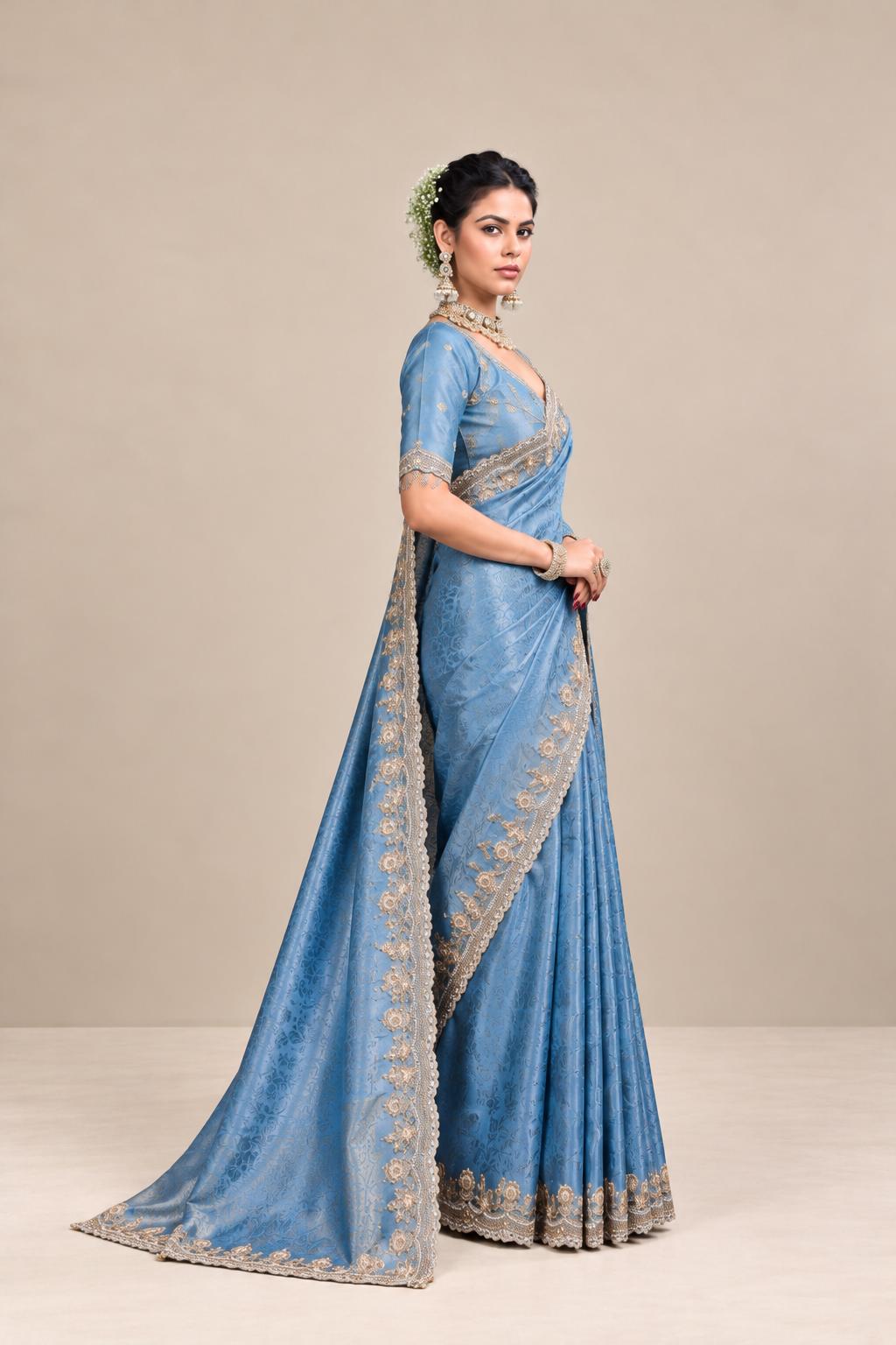 Sky Blue Floral Woven Silk Saree with Embellished Zari Border