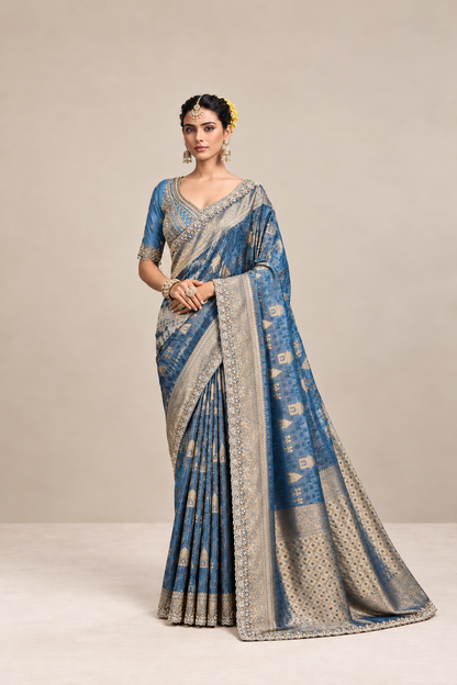 Royal Blue and Gold Woven Silk Saree with Intricate Zari Border