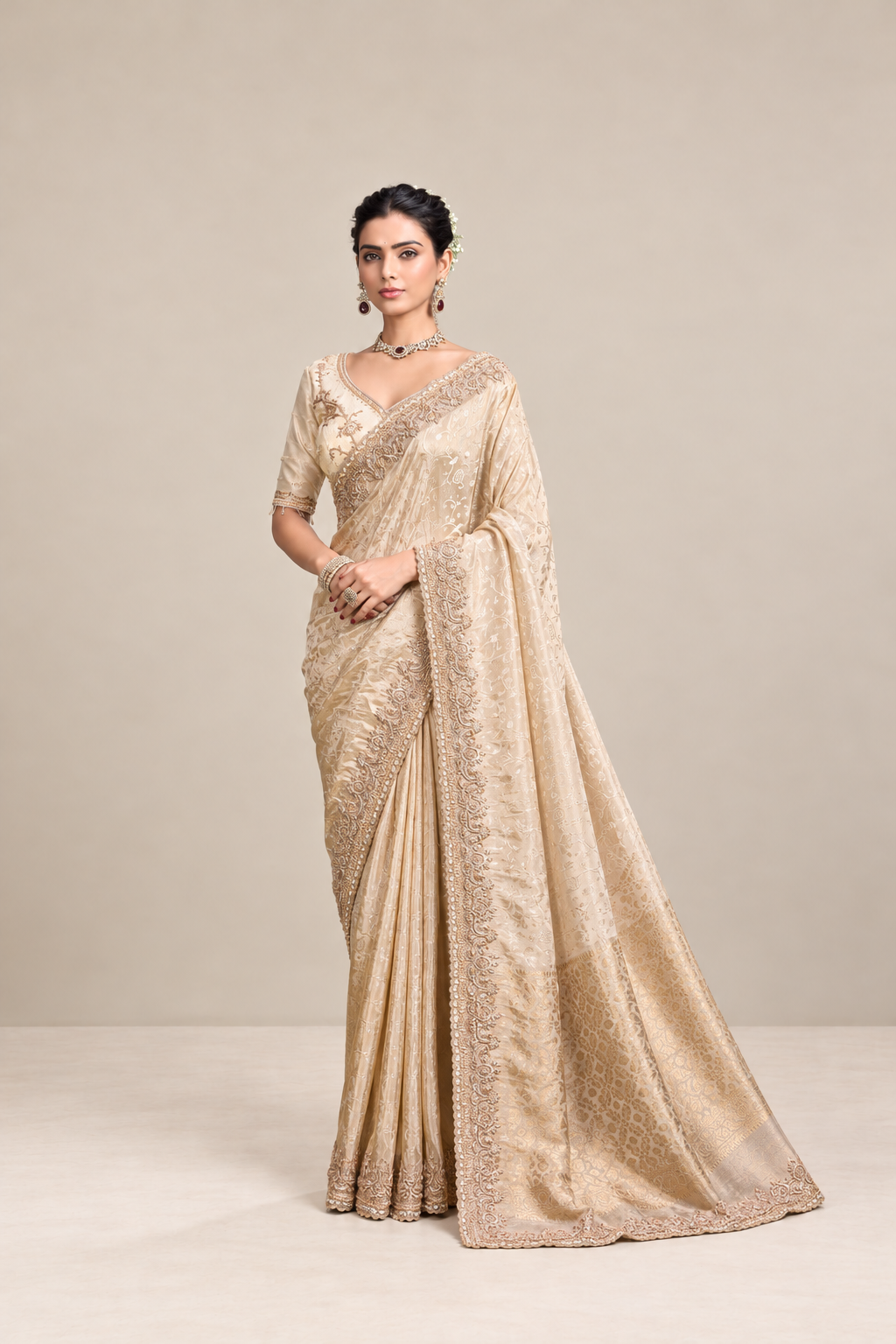 Champagne Beige Floral Woven Silk Saree with Embellished Zari Border