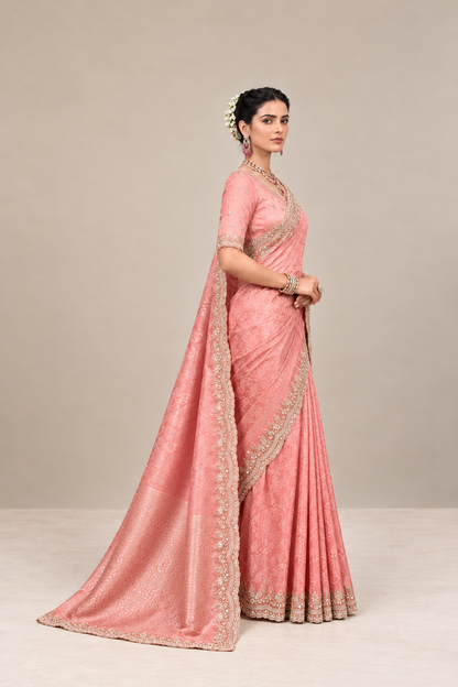 Peach Pink Floral Woven Silk Saree with Embellished Zari Border
