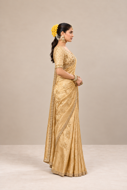 Champagne Gold Floral Woven Silk Saree with Embellished Border
