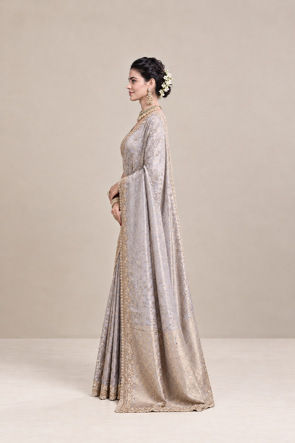 Lavender Silver Floral Woven Silk Saree with Gold Zari Border