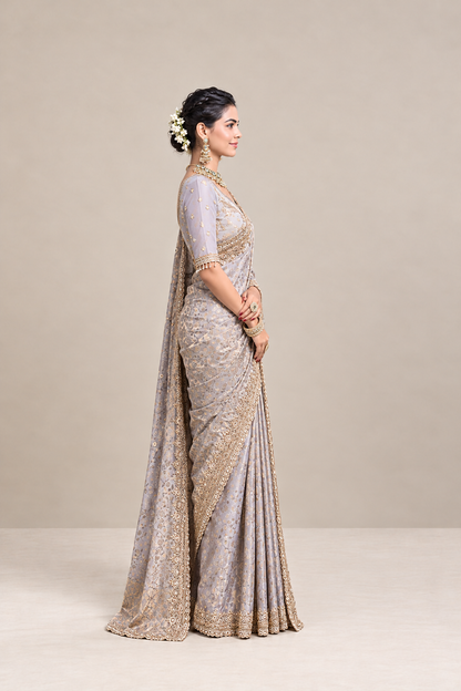 Lavender Silver Floral Woven Silk Saree with Gold Zari Border