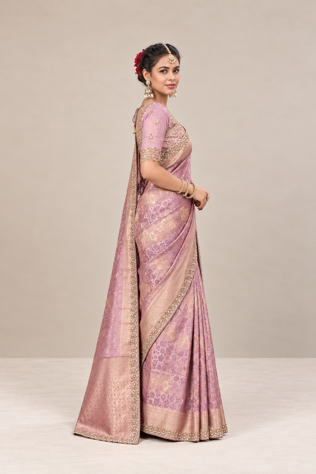 Lavender Pink Floral Woven Silk Saree with Gold Zari Border