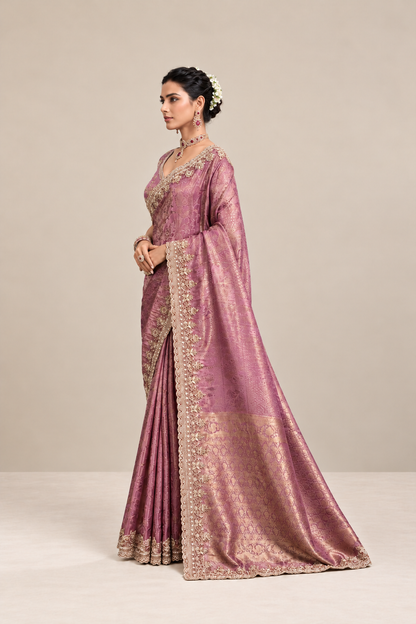 Mauve Purple Floral Woven Silk Saree with Embellished Zari Border