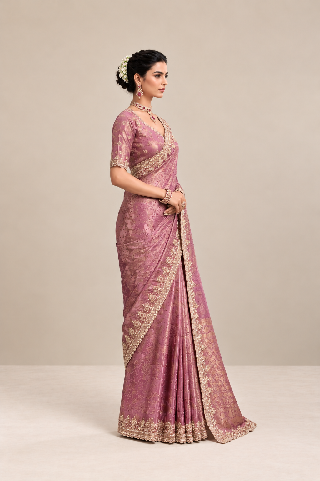 Mauve Purple Floral Woven Silk Saree with Embellished Zari Border