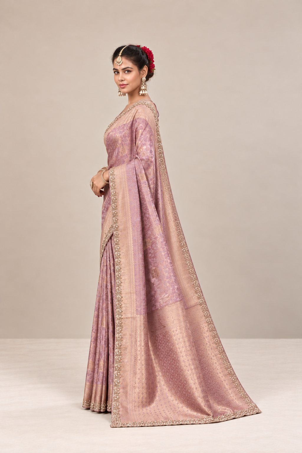 Lavender Pink Floral Woven Silk Saree with Gold Zari Border