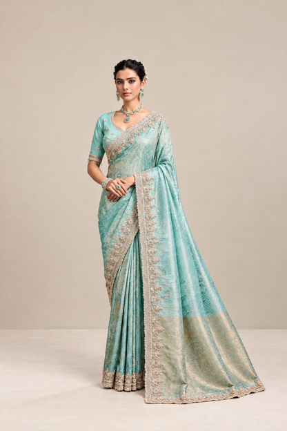 Pastel Mint Blue Floral Woven Silk Saree with Embellished Zari Border