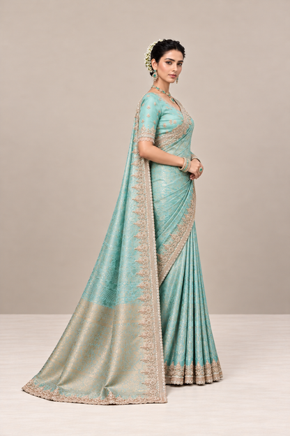 Pastel Mint Blue Floral Woven Silk Saree with Embellished Zari Border