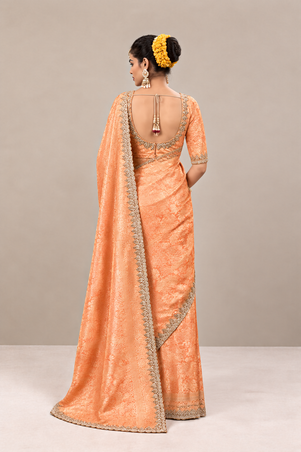 Peach Copper Woven Silk Saree with Intricate Zari Border