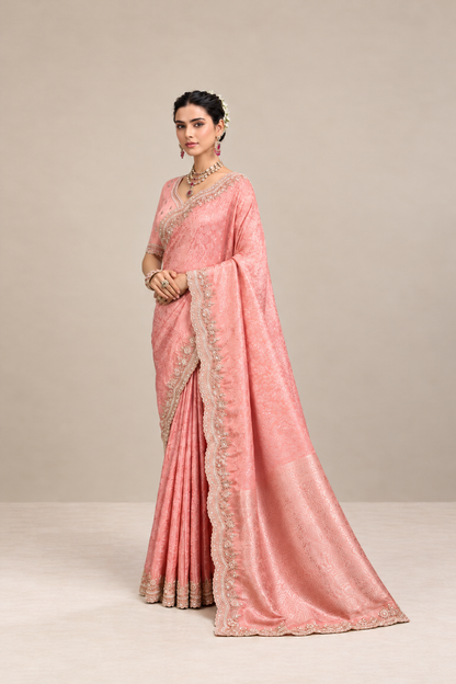 Peach Pink Floral Woven Silk Saree with Embellished Zari Border
