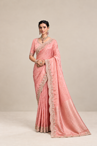 Peach Pink Floral Woven Silk Saree with Embellished Zari Border