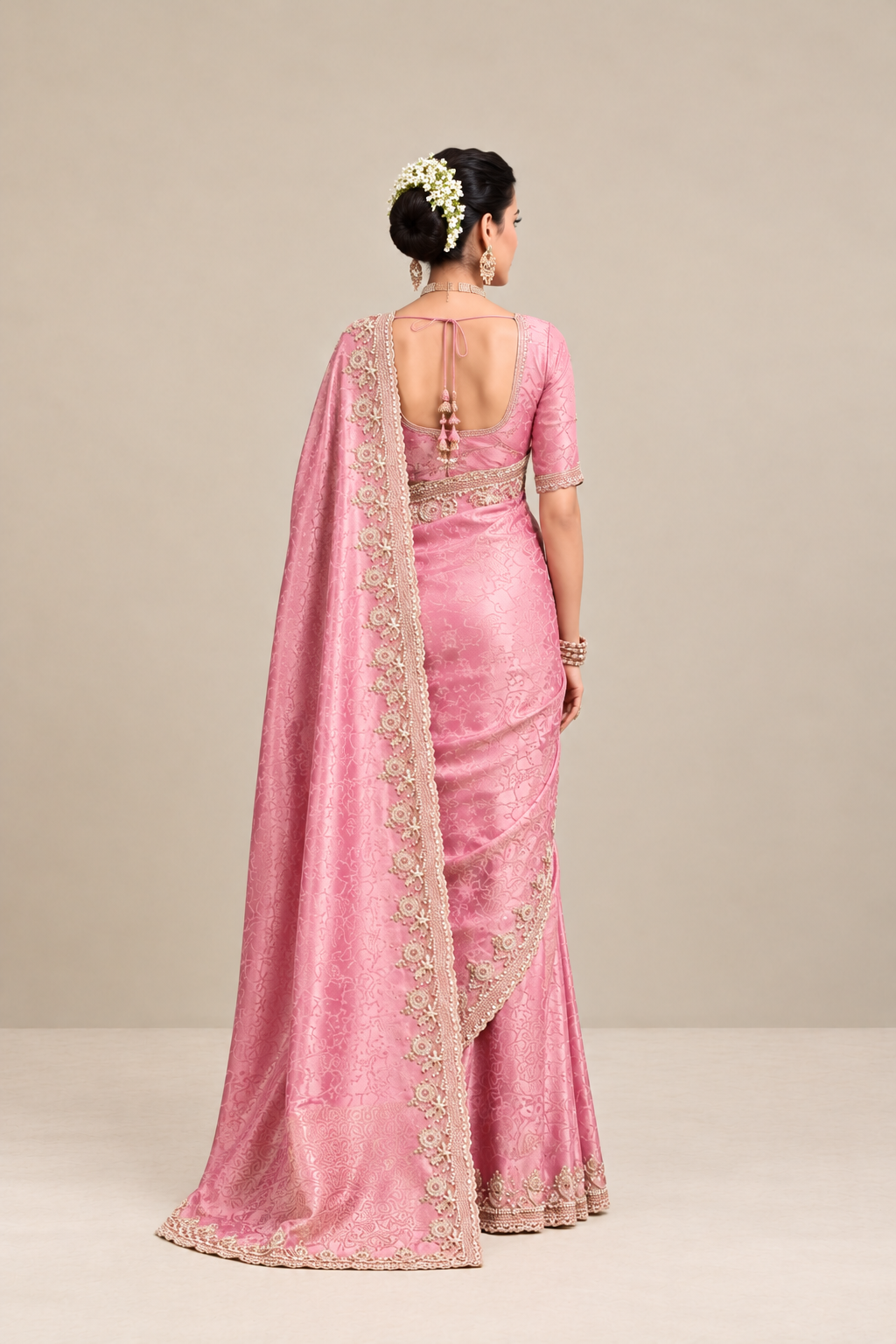 Blush Pink Floral Woven Silk Saree with Embellished Zari Border