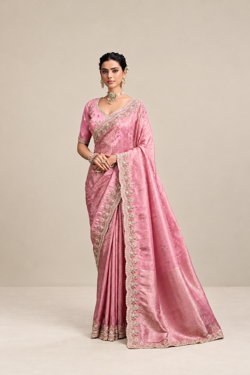 Blush Pink Floral Woven Silk Saree with Embellished Zari Border