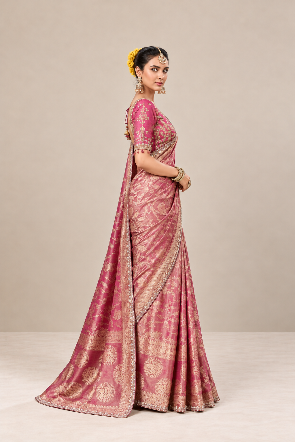 Rani Pink Floral Woven Silk Saree with Gold Zari Border
