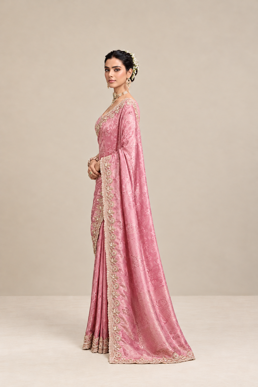 Blush Pink Floral Woven Silk Saree with Embellished Zari Border